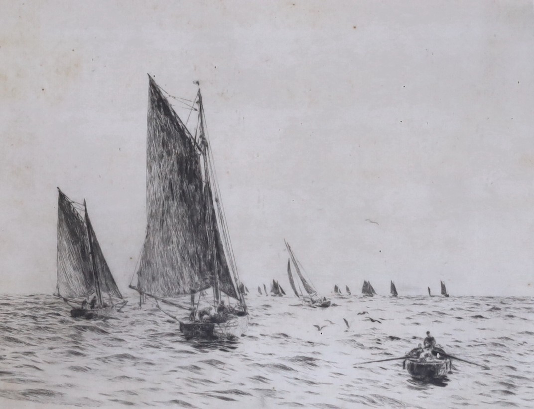 William Lionel Wyllie (1851-1931), drypoint etching, 'Fishing boats on the Hamilton Bank', signed with presentation inscription, 17 x 22cm